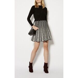Karen Millen Geo-Print A-Line Knit Mini Dress Long Sleeve Black White Size Small